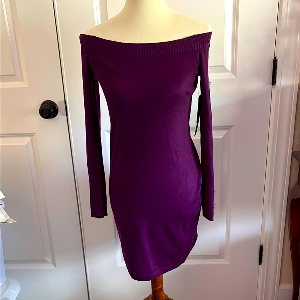 NWT Cynthia Steffe purple Lace-Inset Sleeves Off Shoulder Knit Dress Small Size